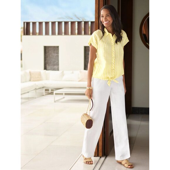 Talbots Woman Plus 2X 100% Linen Tie Hem Button Front Top Yellow Seashore Stripe - Picture 3 of 12